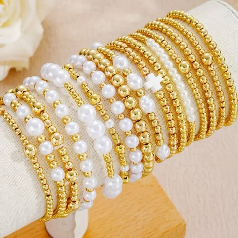 🌟16 Elegant Gold and White Beaded Bracelet Set with cross